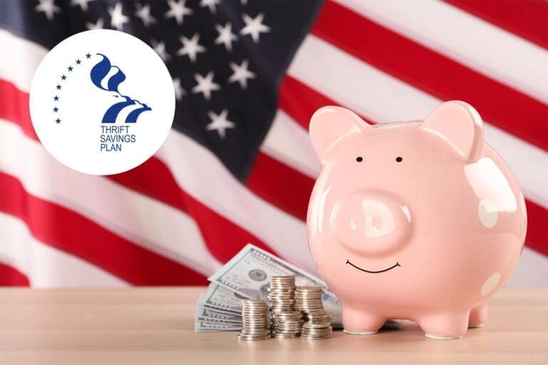 Featured image for Army Thrift Savings Plan, showing a piggy bank and money on a table with a flag of the United States in the background